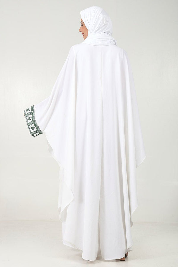 Elegant 2 - Piece Kaftan Abaya Set with Embroidered Front & Sleeves - White - EastEssence.com