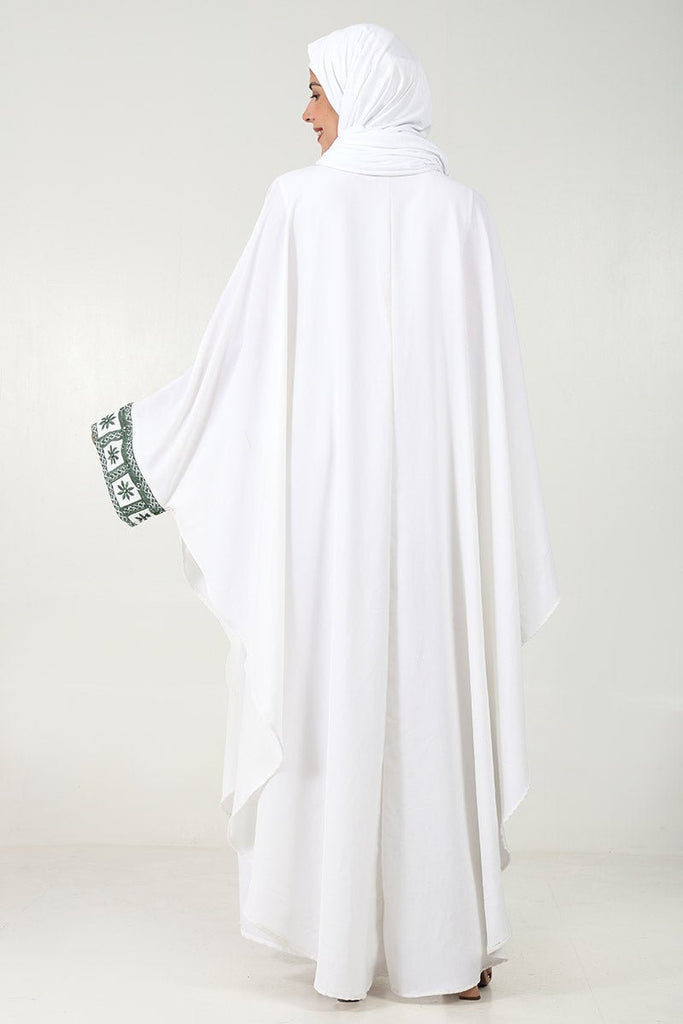 Elegant 2 - Piece Kaftan Abaya Set with Embroidered Front & Sleeves - White - EastEssence.com