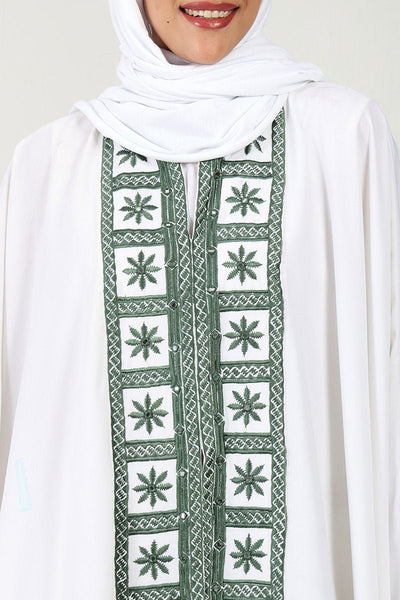 Elegant 2 - Piece Kaftan Abaya Set with Embroidered Front & Sleeves - White - EastEssence.com