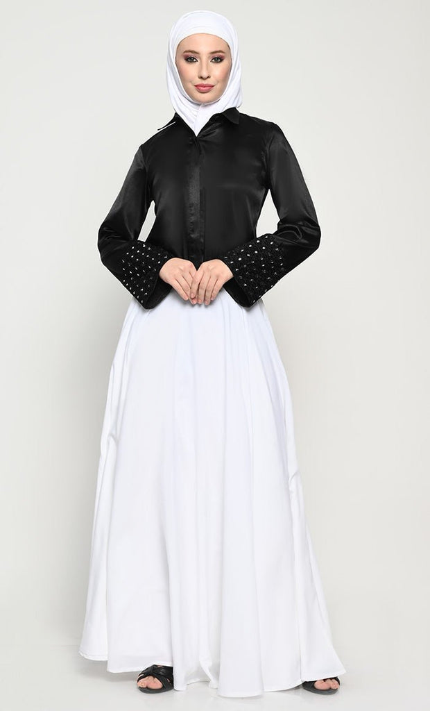 Elegant 2 - Piece Satin Shirt and Crepe Skirt Set with Mirror - Worked Bell Sleeves - EastEssence.com