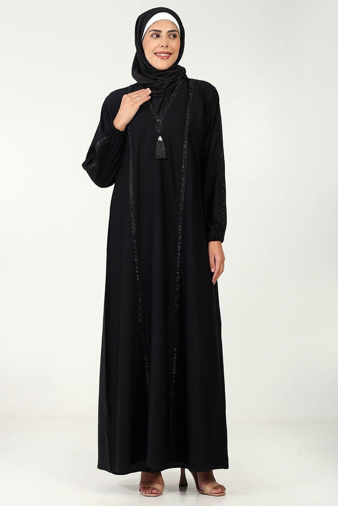 Elegant A - Line Abaya in Zoom Fabric with Acrylic Stone Lace - EastEssence.com