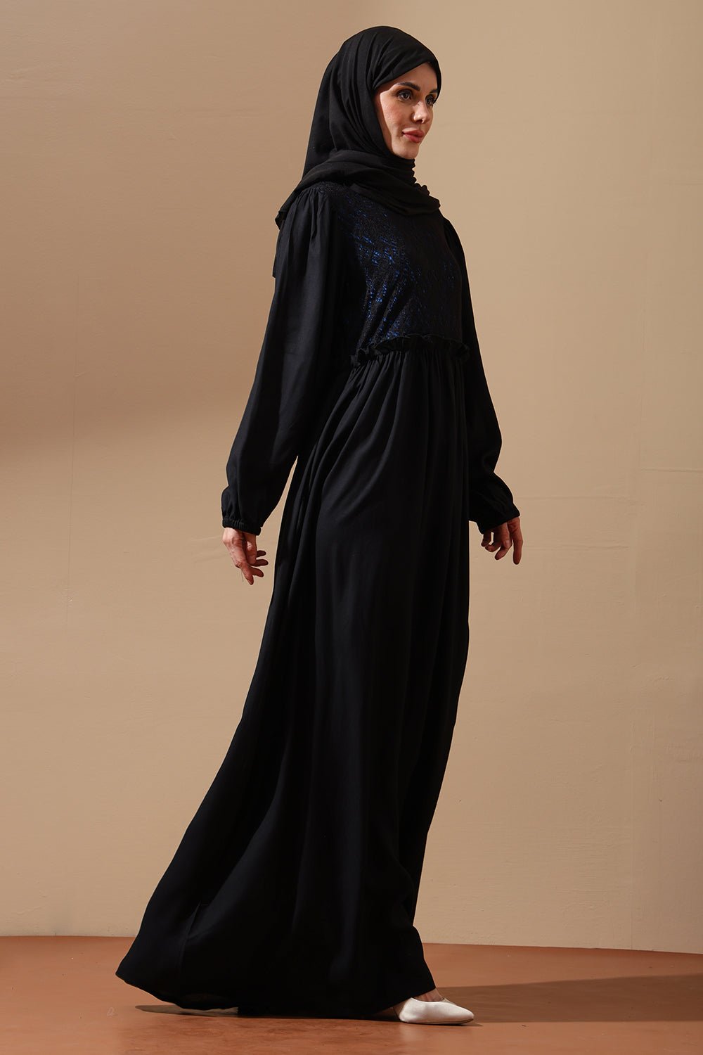 Elegant Black Abaya with Blue Embroidered Bodice - EastEssence.com