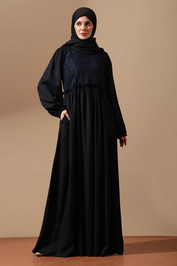 Elegant Black Abaya with Blue Embroidered Bodice - EastEssence.com