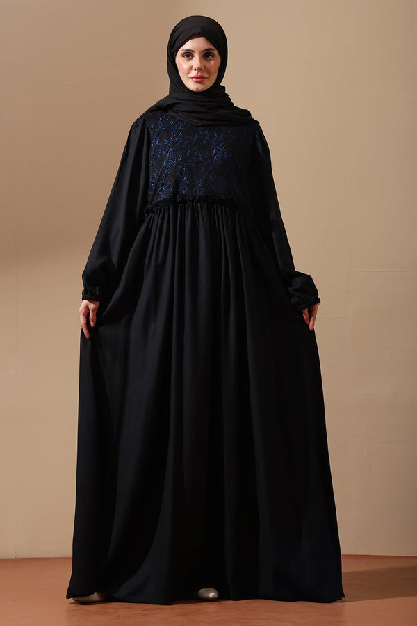 Elegant Black Abaya with Blue Embroidered Bodice - EastEssence.com