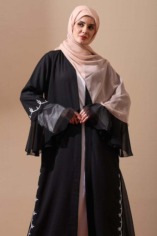 Elegant Black Embroidered Open Abaya with Bell Sleeves - EastEssence.com