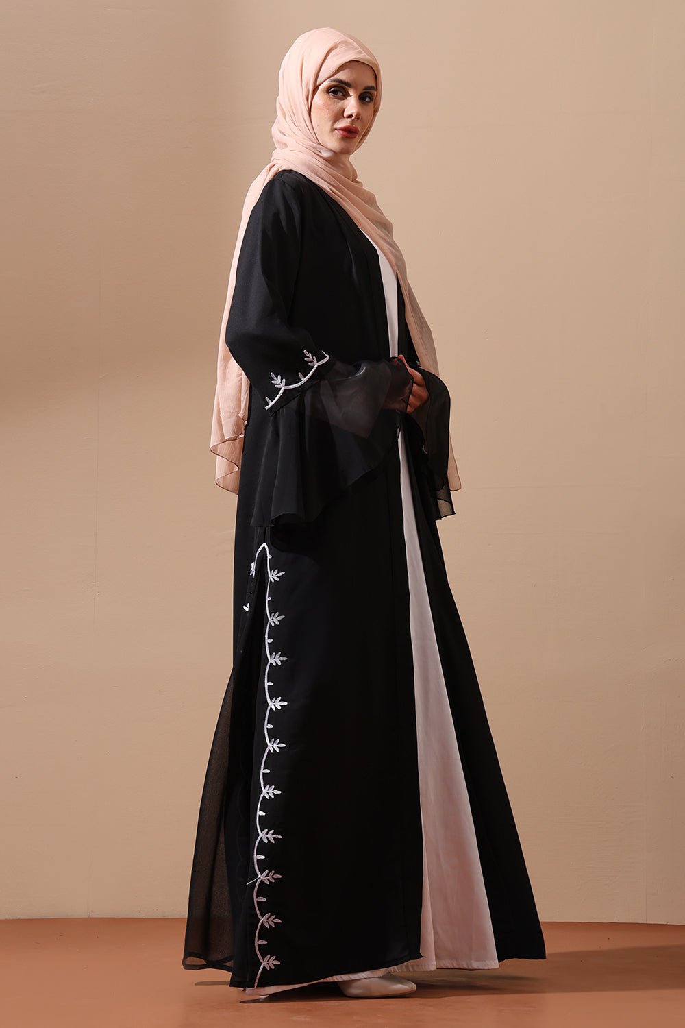 Elegant Black Embroidered Open Abaya with Bell Sleeves - EastEssence.com
