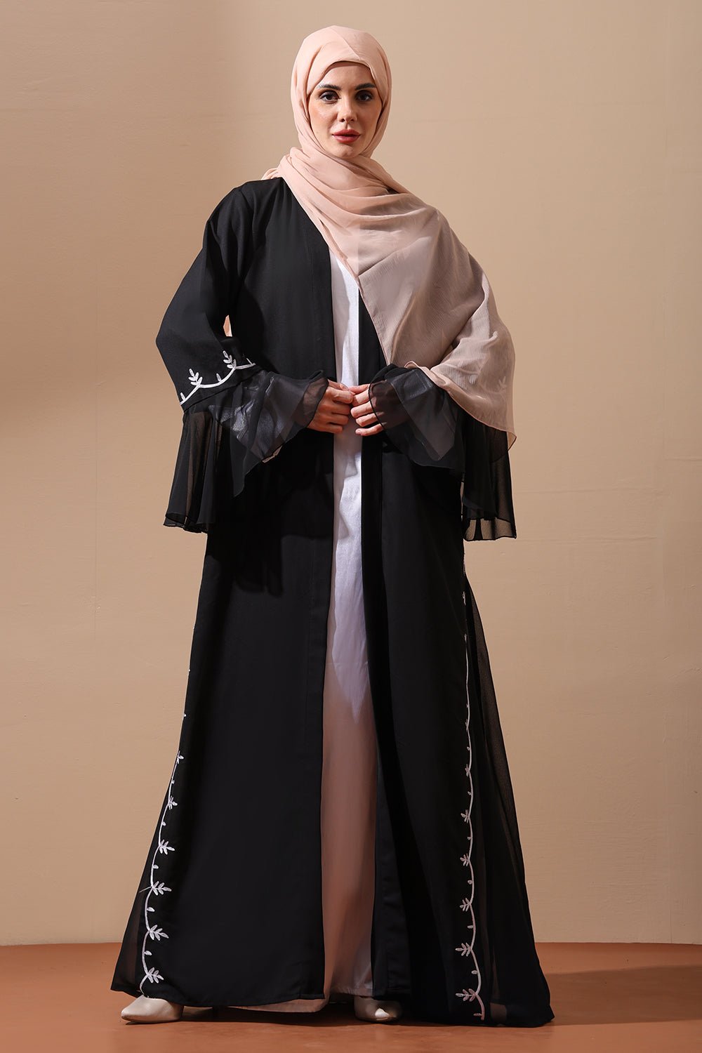 Elegant Black Embroidered Open Abaya with Bell Sleeves - EastEssence.com