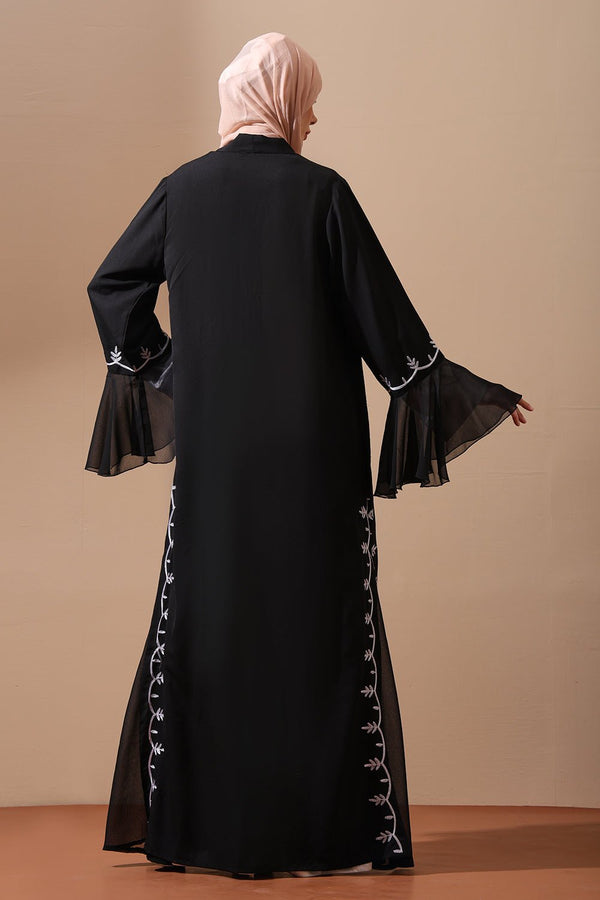 Elegant Black Embroidered Open Abaya with Bell Sleeves - EastEssence.com