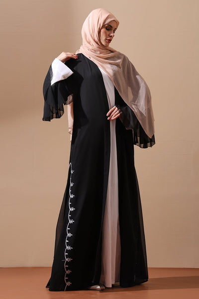Elegant Black Embroidered Open Abaya with Bell Sleeves - EastEssence.com