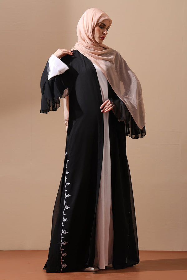 Elegant Black Embroidered Open Abaya with Bell Sleeves - EastEssence.com