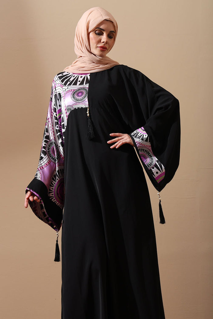 Elegant Black Modest Abaya with Multicolor print yoke - EastEssence.com