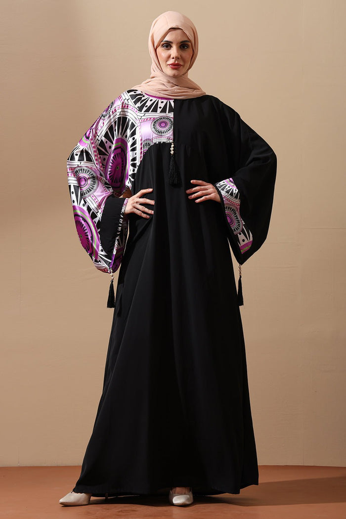 Elegant Black Modest Abaya with Multicolor print yoke - EastEssence.com