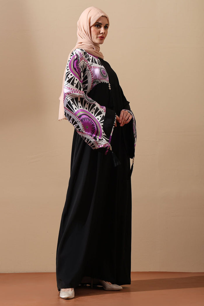 Elegant Black Modest Abaya with Multicolor print yoke - EastEssence.com