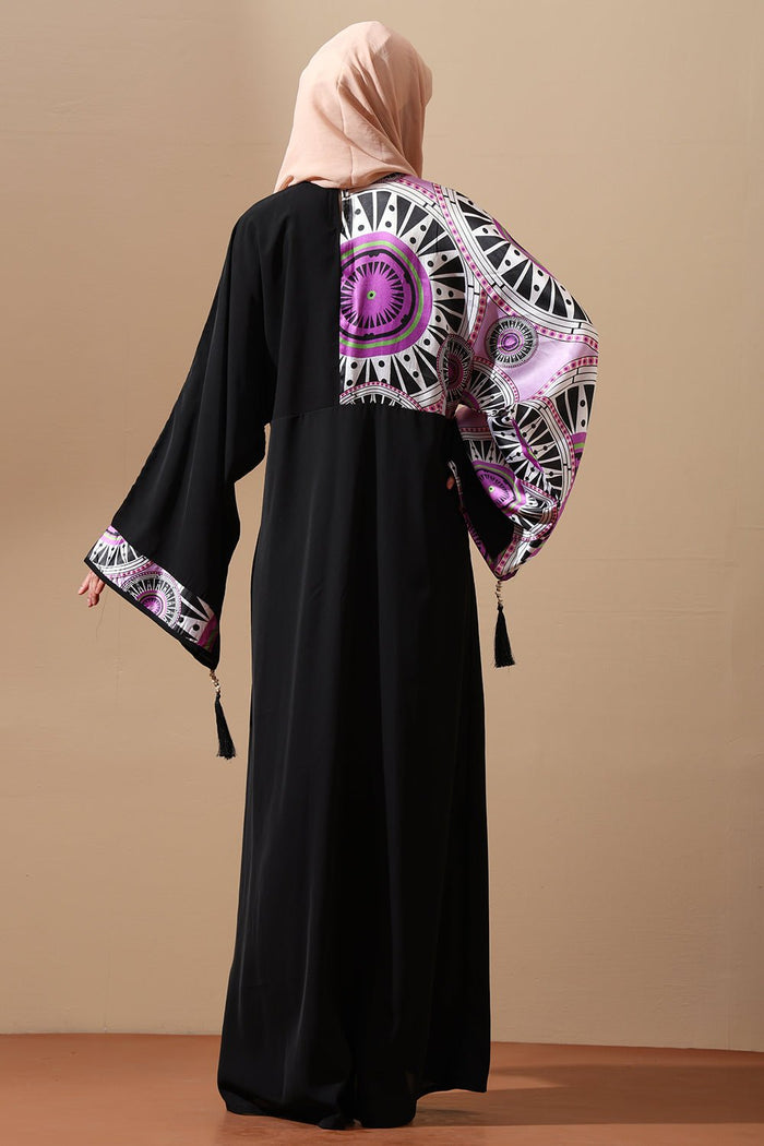 Elegant Black Modest Abaya with Multicolor print yoke - EastEssence.com