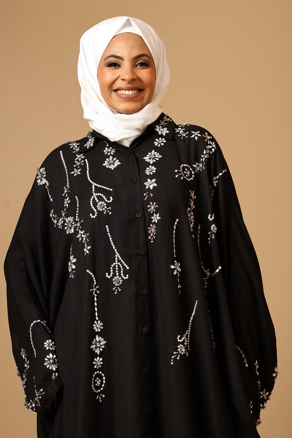 Elegant Black Rayon Kaftan with Silver Stone Embellishments - EastEssence.com