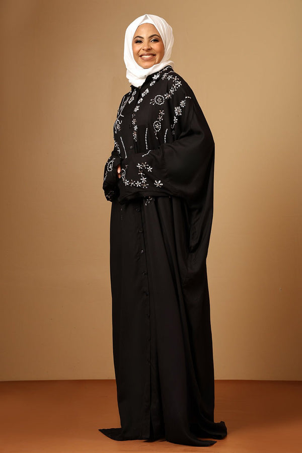 Elegant Black Rayon Kaftan with Silver Stone Embellishments - EastEssence.com