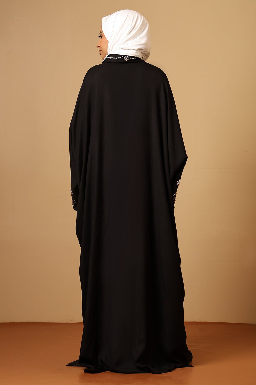 Elegant Black Rayon Kaftan with Silver Stone Embellishments - EastEssence.com