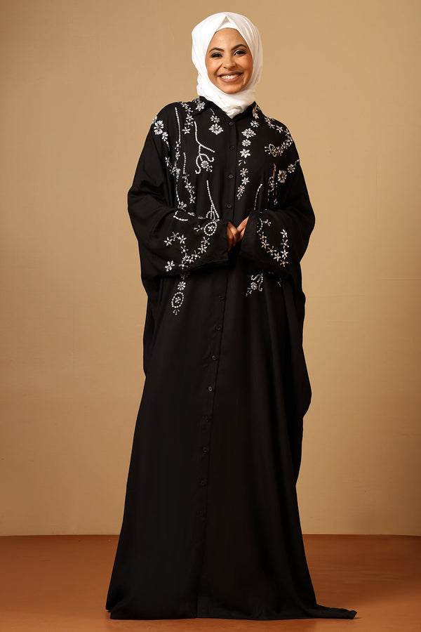 Elegant Black Rayon Kaftan with Silver Stone Embellishments - EastEssence.com