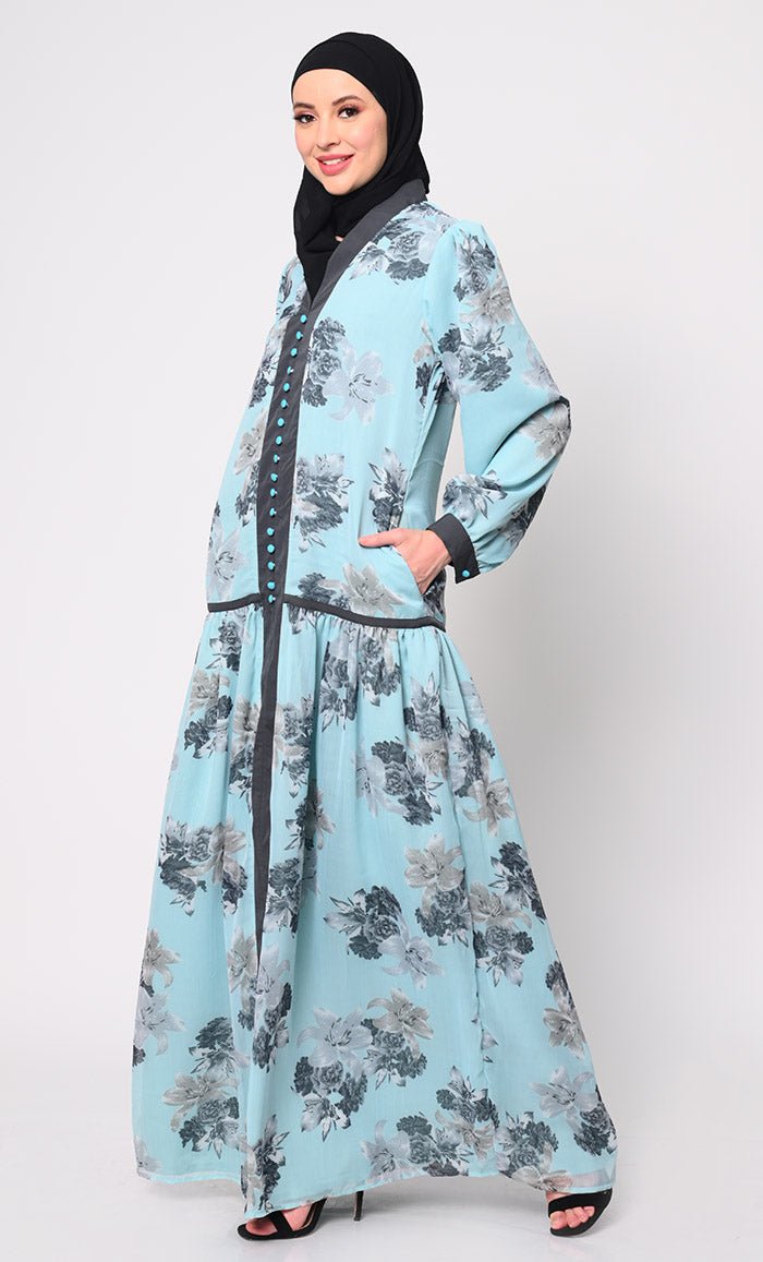 Elegant Blue Chiffon Printed Abaya with Bishop Sleeves and Pockets - EastEssence.com