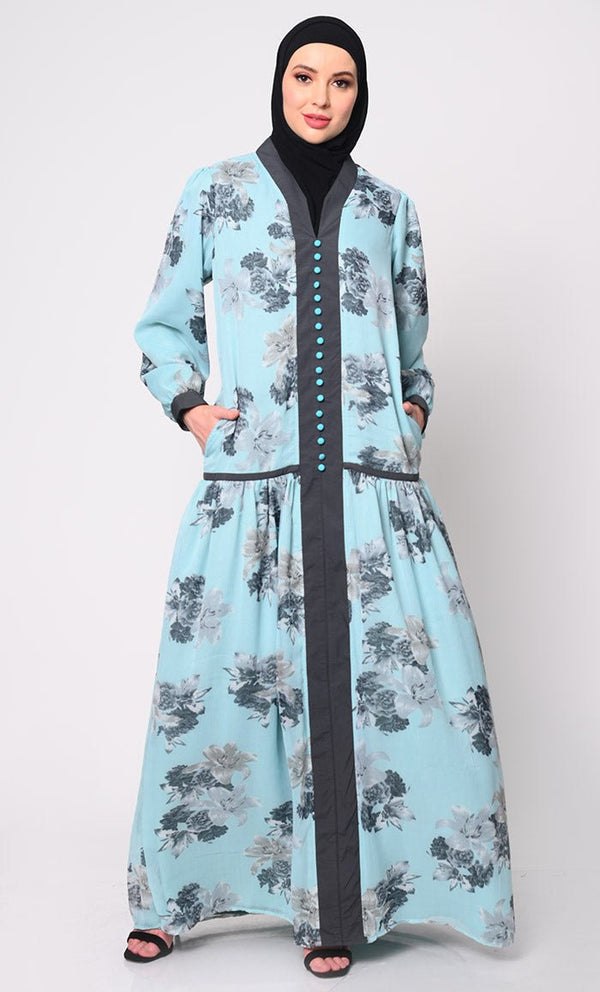 Elegant Blue Chiffon Printed Abaya with Bishop Sleeves and Pockets - EastEssence.com