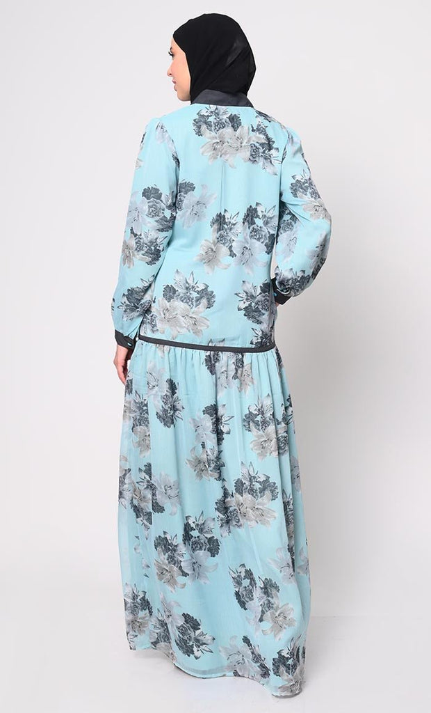 Elegant Blue Chiffon Printed Abaya with Bishop Sleeves and Pockets - EastEssence.com