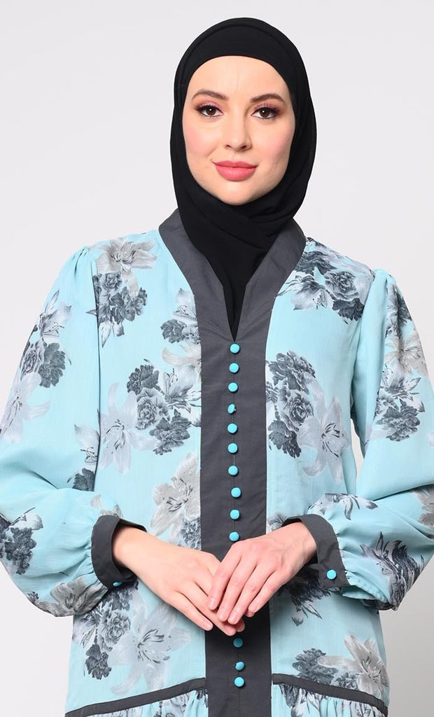 Elegant Blue Chiffon Printed Abaya with Bishop Sleeves and Pockets - EastEssence.com