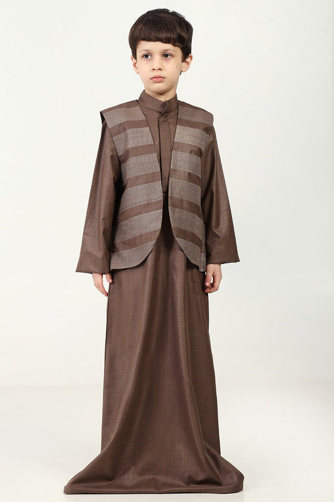 Elegant Boys' 2 - Piece Brown Thobe Set with Embroidered Sleeveless Jacket - EastEssence.com