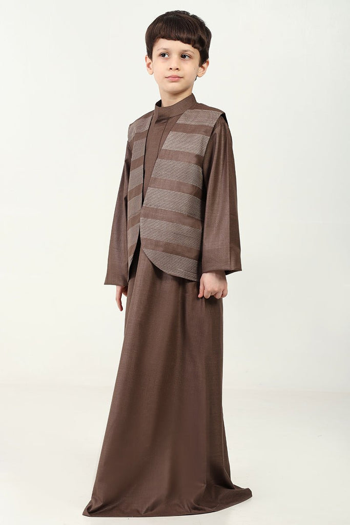 Elegant Boys' 2 - Piece Brown Thobe Set with Embroidered Sleeveless Jacket - EastEssence.com