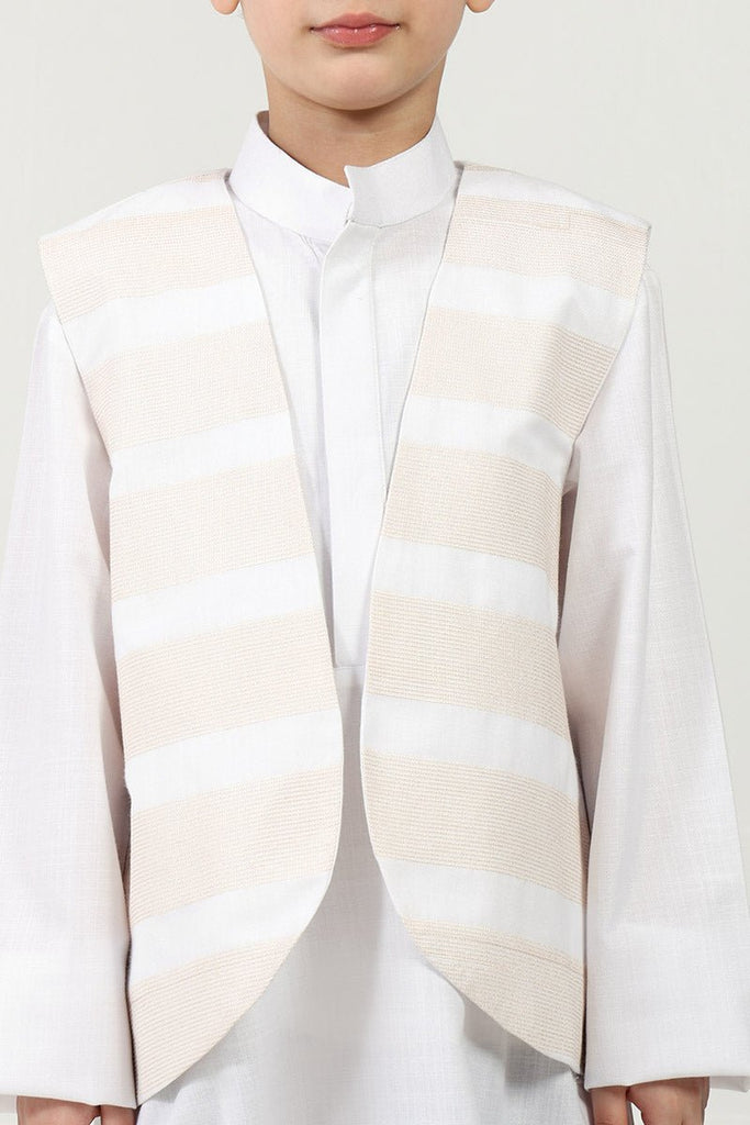 Elegant Boys' 2 - Piece WhiteThobe Set with Embroidered Sleeveless Jacket - EastEssence.com