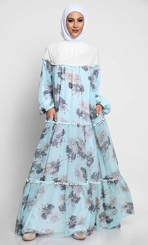 Elegant Chiffon Printed Abaya with Pom Pom Lace and Contrast Yoke - EastEssence.com