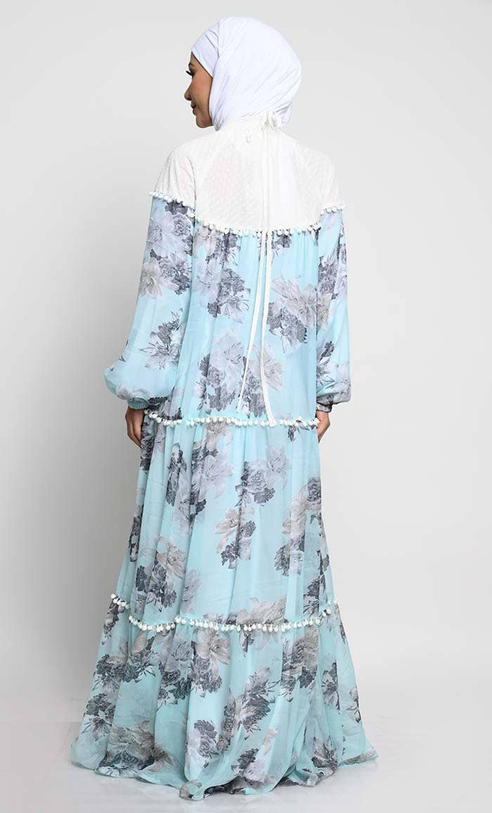 Elegant Chiffon Printed Abaya with Pom Pom Lace and Contrast Yoke - EastEssence.com