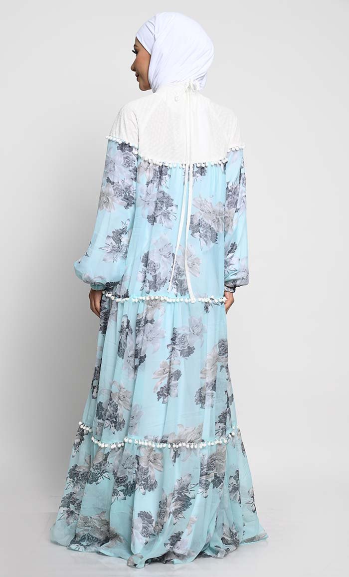Elegant Chiffon Printed Abaya with Pom Pom Lace and Contrast Yoke - EastEssence.com
