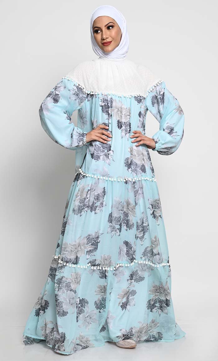 Elegant Chiffon Printed Abaya with Pom Pom Lace and Contrast Yoke - EastEssence.com