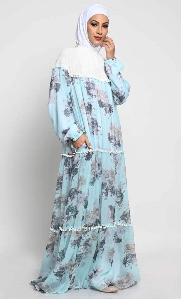 Elegant Chiffon Printed Abaya with Pom Pom Lace and Contrast Yoke - EastEssence.com