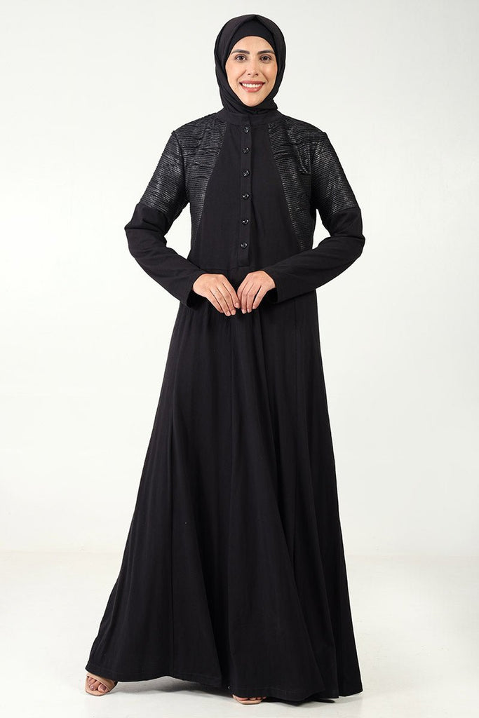 Elegant Cotton Jersey Flared Abaya with Pintex Detailing on shoulders - EastEssence.com