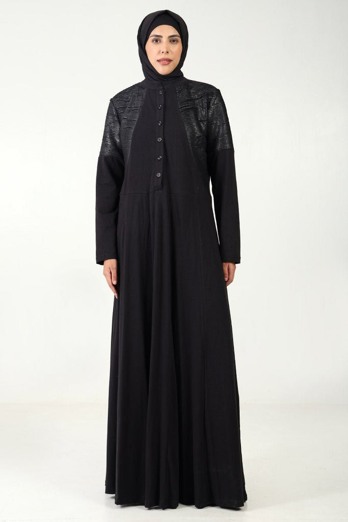 Elegant Cotton Jersey Flared Abaya with Pintex Detailing on shoulders - EastEssence.com