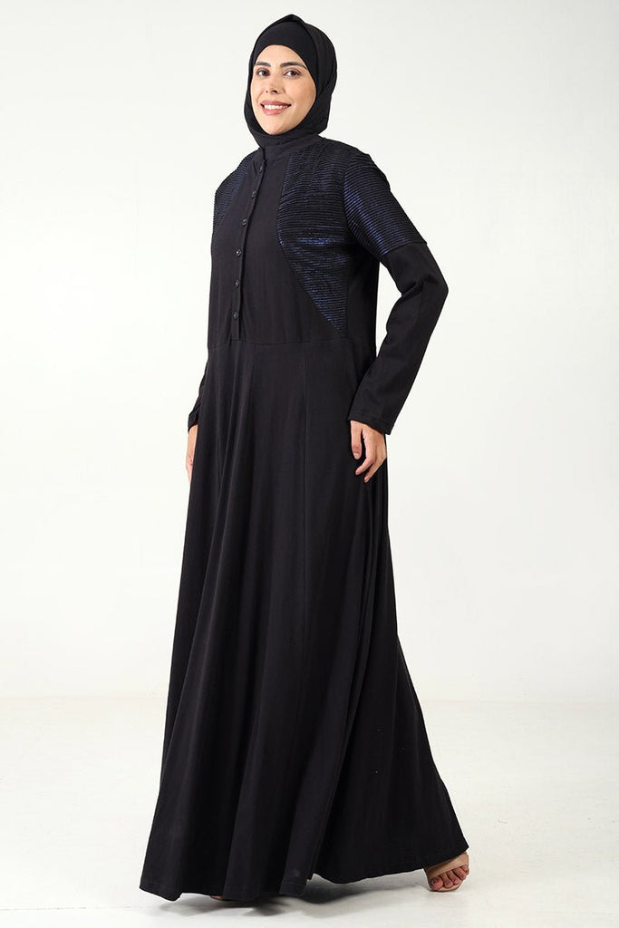 Elegant Cotton Jersey Flared Abaya with Stand Collar & Pintex Detailing - EastEssence.com