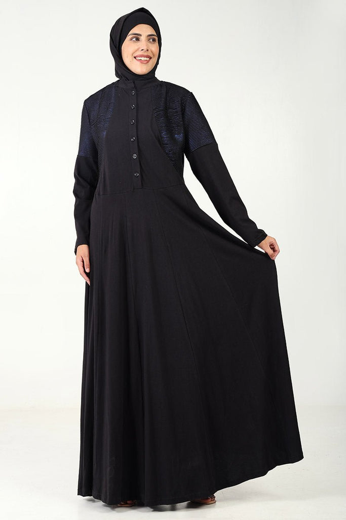 Elegant Cotton Jersey Flared Abaya with Stand Collar & Pintex Detailing - EastEssence.com