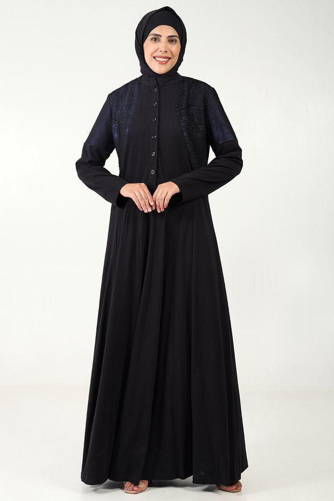 Elegant Cotton Jersey Flared Abaya with Stand Collar & Pintex Detailing - EastEssence.com