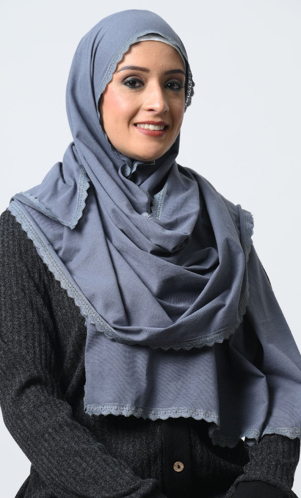 Elegant Cotton Jersey Hijab – 70x22 Inches with Delicate Lace - EastEssence.com