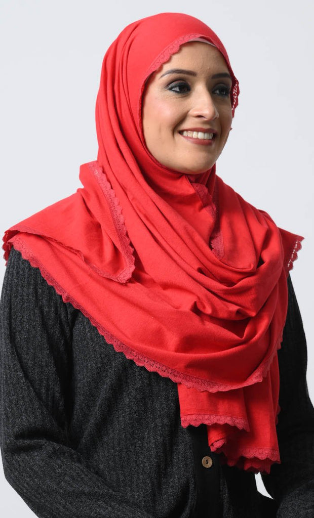 Elegant Cotton Jersey Hijab – 70x22 Inches with Delicate Lace - EastEssence.com