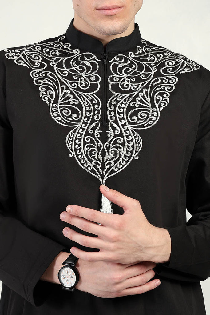 Elegant Cotton Twill Formal Thobe with Ornamental Embroidery & Tassel Detail - Black - EastEssence.com