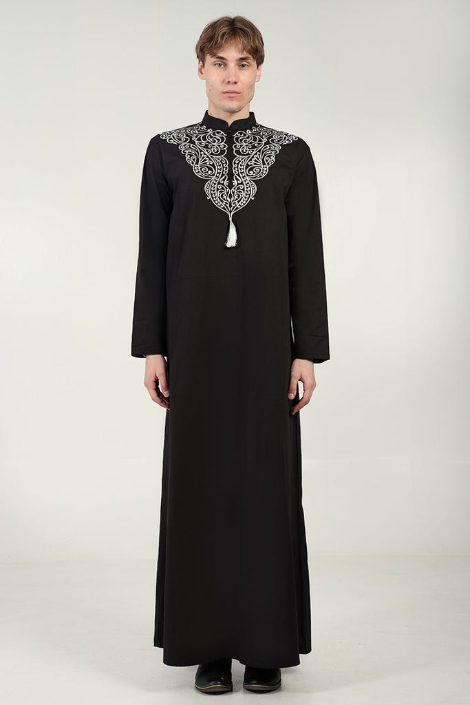 Elegant Cotton Twill Formal Thobe with Ornamental Embroidery & Tassel Detail - Black - EastEssence.com