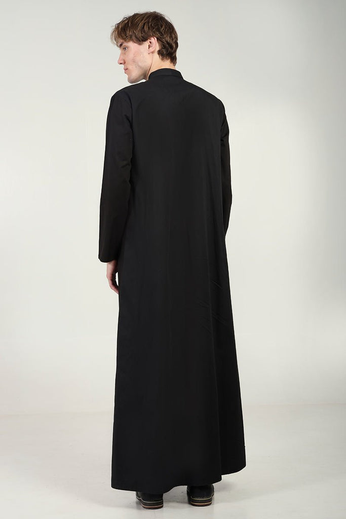 Elegant Cotton Twill Formal Thobe with Ornamental Embroidery & Tassel Detail - Black - EastEssence.com