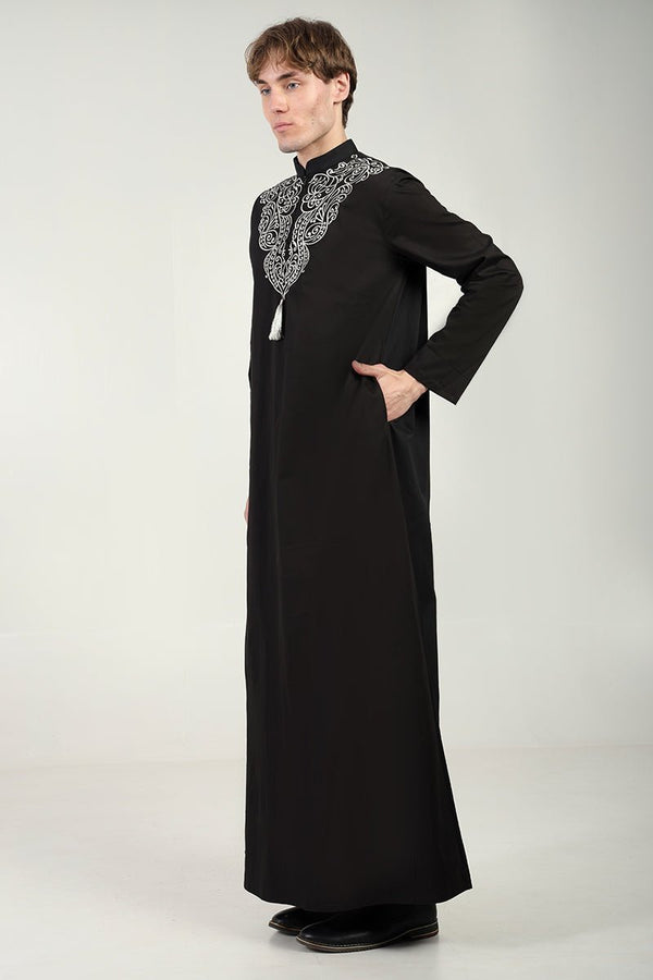 Elegant Cotton Twill Formal Thobe with Ornamental Embroidery & Tassel Detail - Black - Final Sale - EastEssence.com