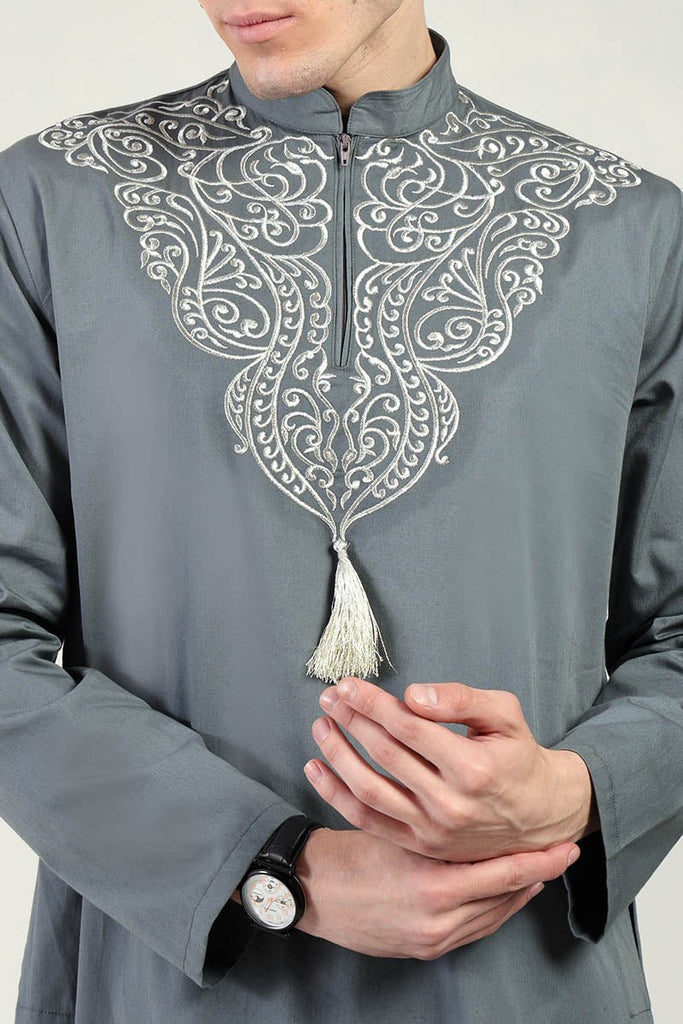 Elegant Cotton Twill Formal Thobe with Ornamental Embroidery & Tassel Detail - Grey - EastEssence.com