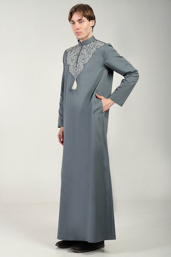 Elegant Cotton Twill Formal Thobe with Ornamental Embroidery & Tassel Detail - Grey - EastEssence.com