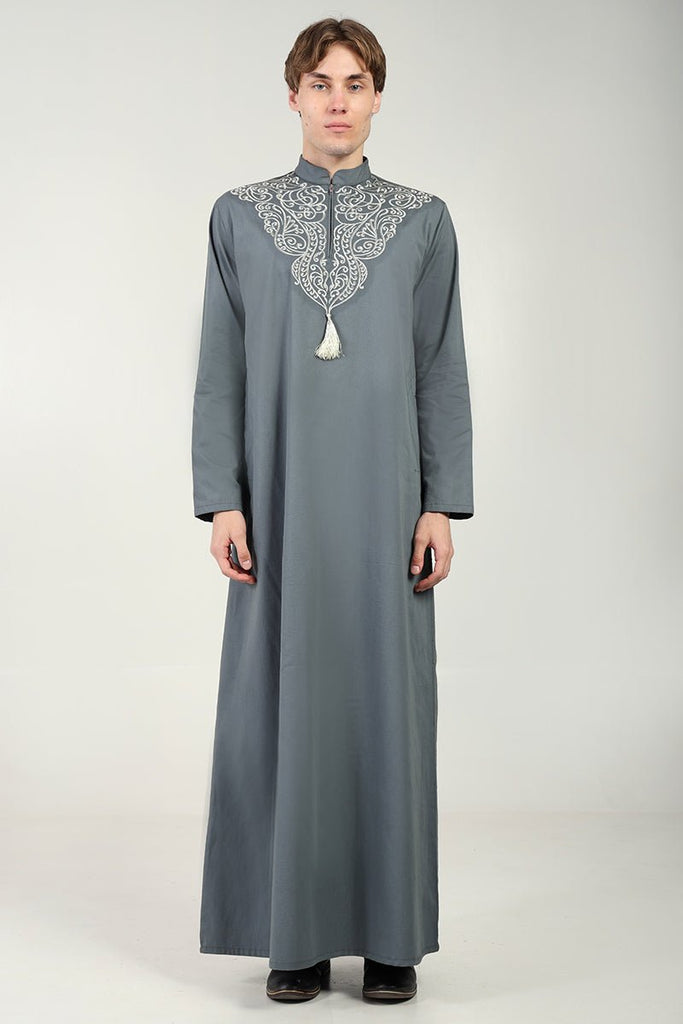 Elegant Cotton Twill Formal Thobe with Ornamental Embroidery & Tassel Detail - Grey - EastEssence.com