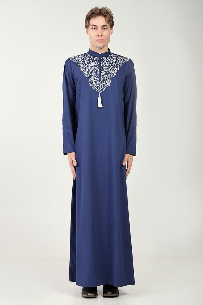 Elegant Cotton Twill Formal Thobe with Ornamental Embroidery & Tassel Detail - Navy - EastEssence.com