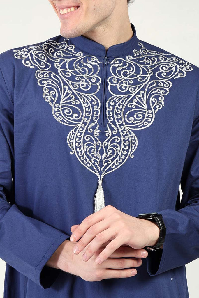 Elegant Cotton Twill Formal Thobe with Ornamental Embroidery & Tassel Detail - Navy - EastEssence.com